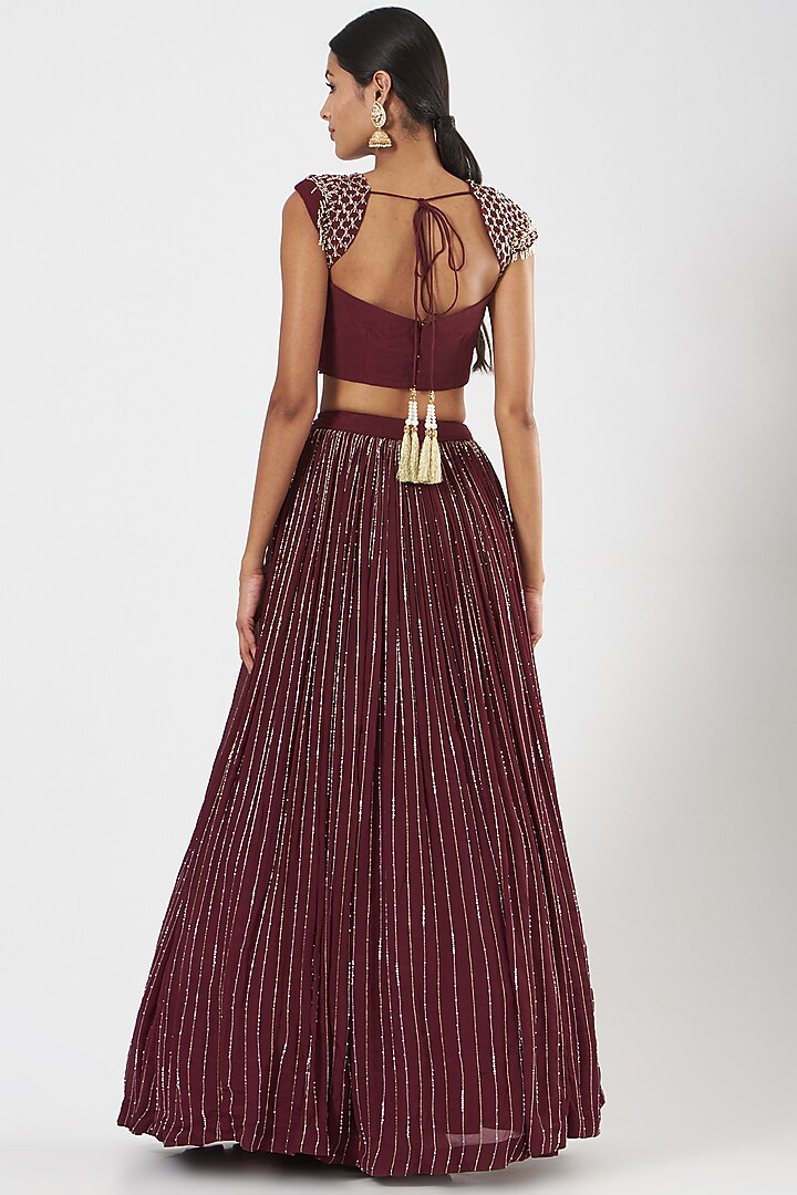 Burgundy Hand Embroidered Wedding Lehenga Set by MANISHA SONI at Pernia's Pop Up Shop