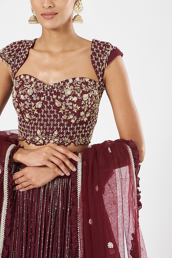 Burgundy Hand Embroidered Wedding Lehenga Set by MANISHA SONI at Pernia's Pop Up Shop