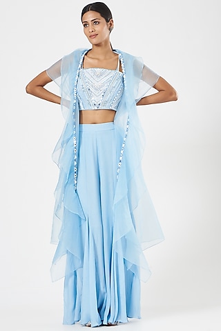 Powder Blue Organza Ruffled Jacket Set by MANISHA SONI