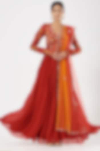 Red Zardosi Embroidered Party Wear Anarkali Set by MANISHA SONI at Pernia's Pop Up Shop