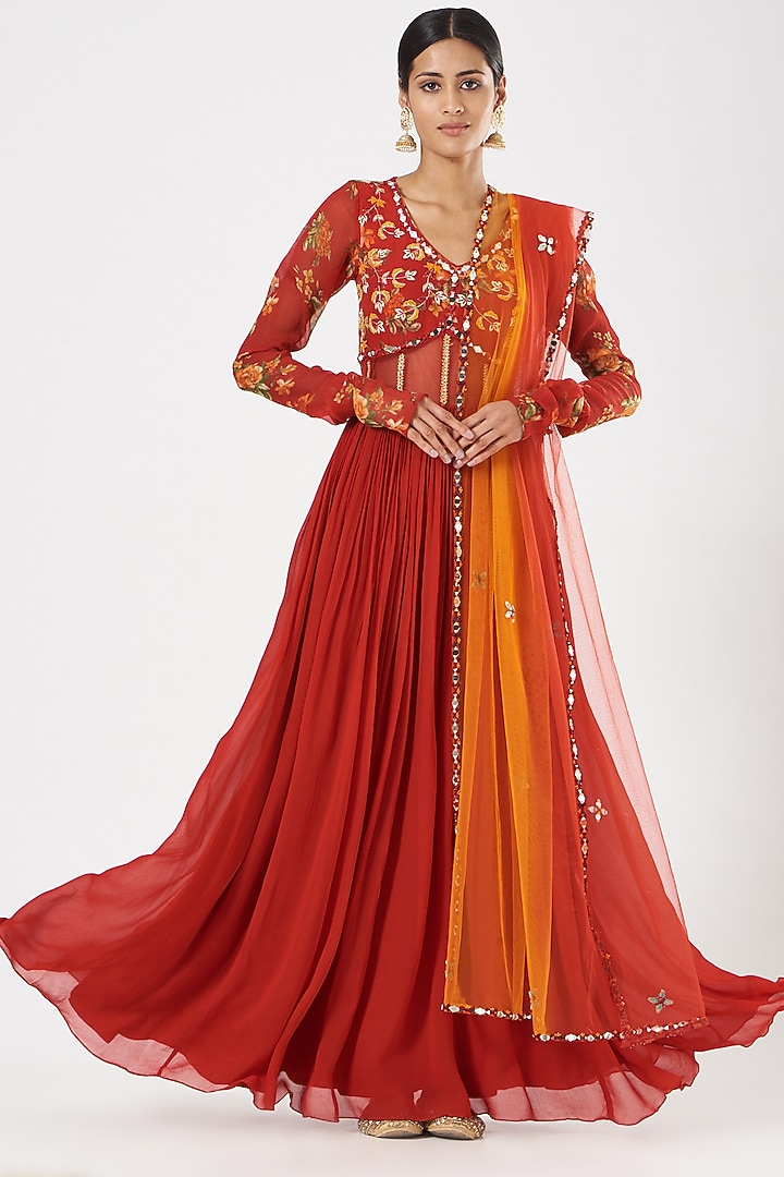 Red Zardosi Embroidered Party Wear Anarkali Set by MANISHA SONI at Pernia's Pop Up Shop