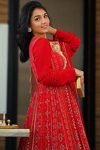 Scarlet Red Crepe Silk Hand Embroidered Anarkali Set by Aayushi Maniar