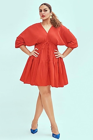 Red Handwoven Dress With Drawstrings by Mati