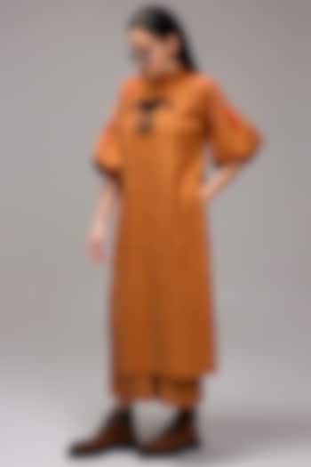 Tan Brown Handspun Cotton Embroidered & Printed Tunic by Mati at Pernia's Pop Up Shop