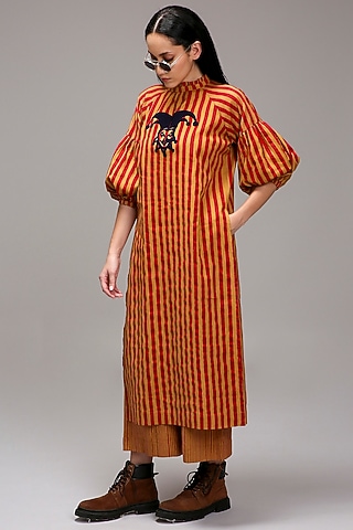 Tan Brown Handspun Cotton Embroidered & Printed Tunic by Mati