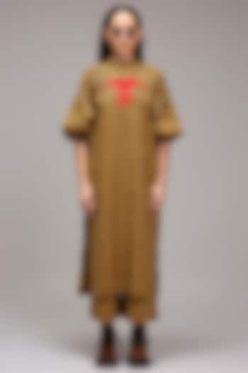 Tan Brown Handspun Cotton Embroidered & Printed Tunic by Mati at Pernia's Pop Up Shop