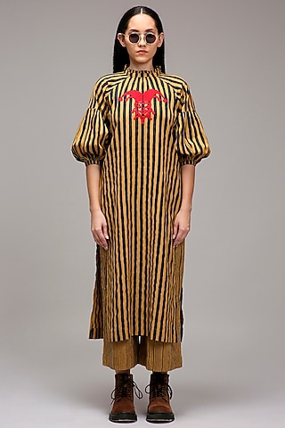 Tan Brown Handspun Cotton Embroidered & Printed Tunic by Mati