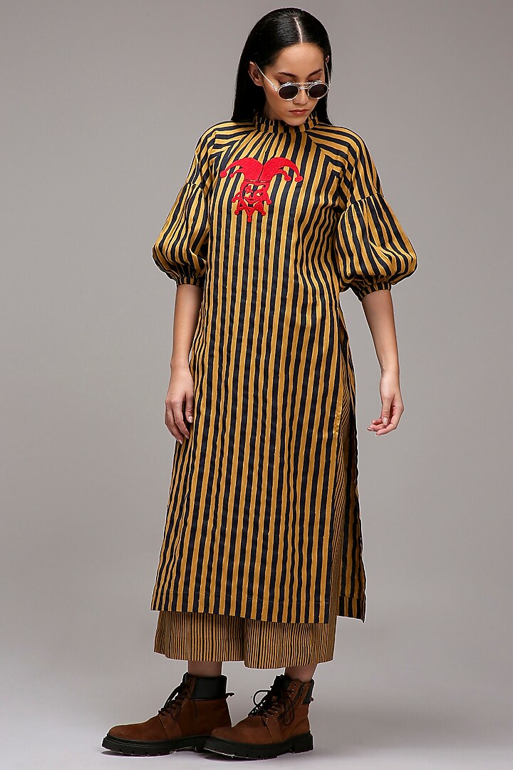 Tan Brown Handspun Cotton Embroidered & Printed Tunic by Mati at Pernia's Pop Up Shop