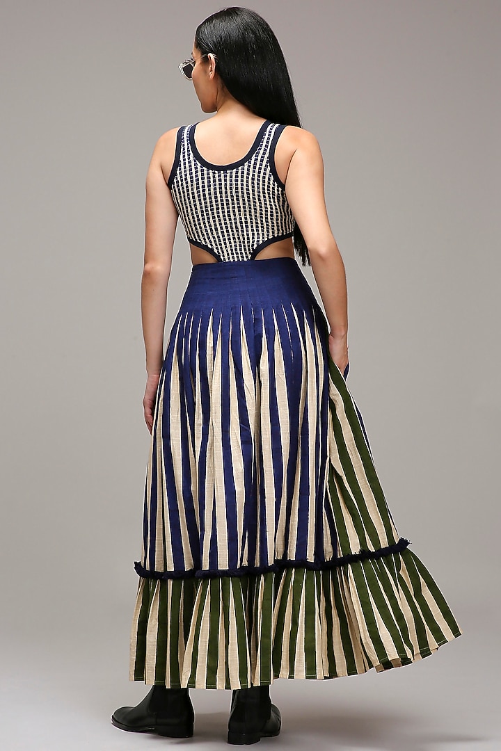 Off-White Handwoven Cotton Stripe Printed Skirt Set by Mati at Pernia's Pop Up Shop