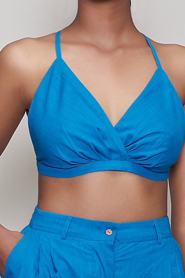 Blue Handwoven Cotton Shorts With Bralette by Mati at Pernia's Pop Up Shop