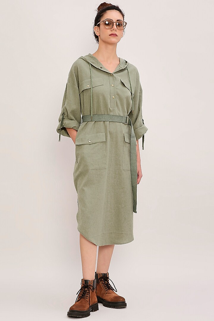 Green Handwoven Cotton Hooded Summer Dress by Mati at Pernia's Pop Up Shop