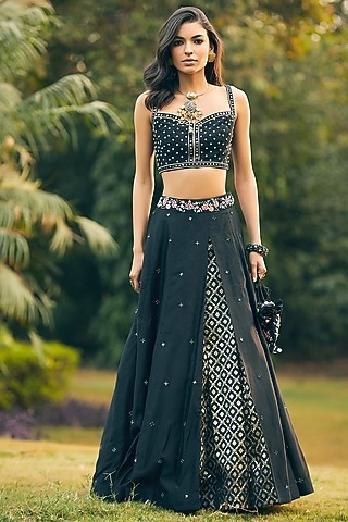 Black Embroidered Lehenga Set by Matsya