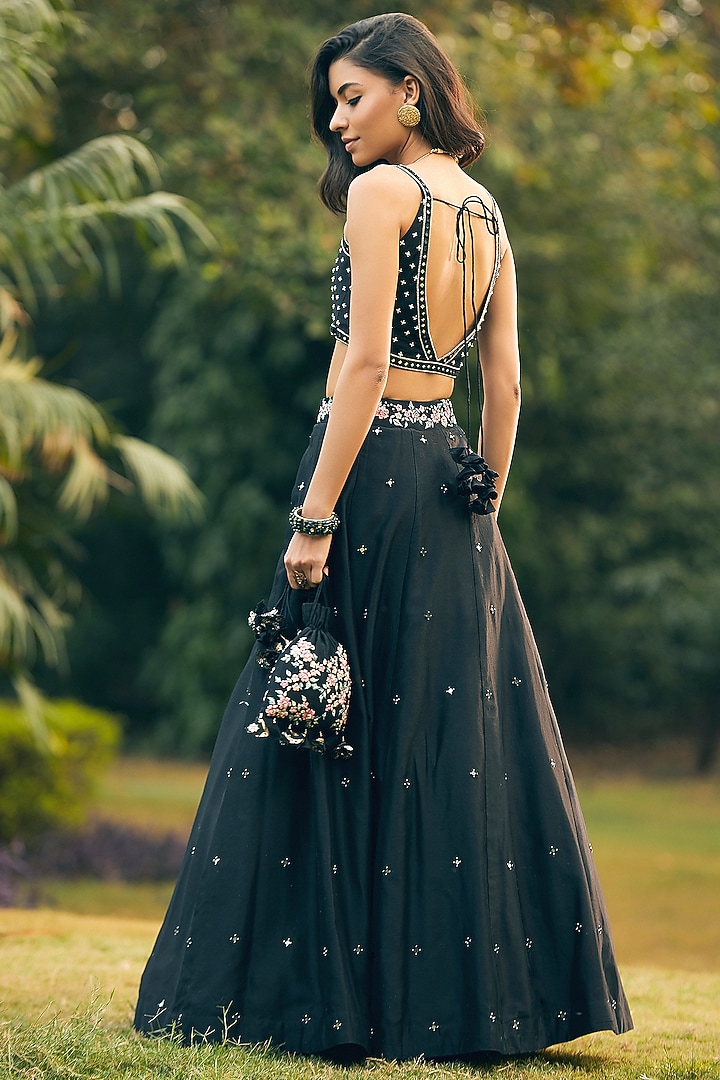 Black Embroidered Wedding Lehenga Set by Matsya at Pernia's Pop Up Shop