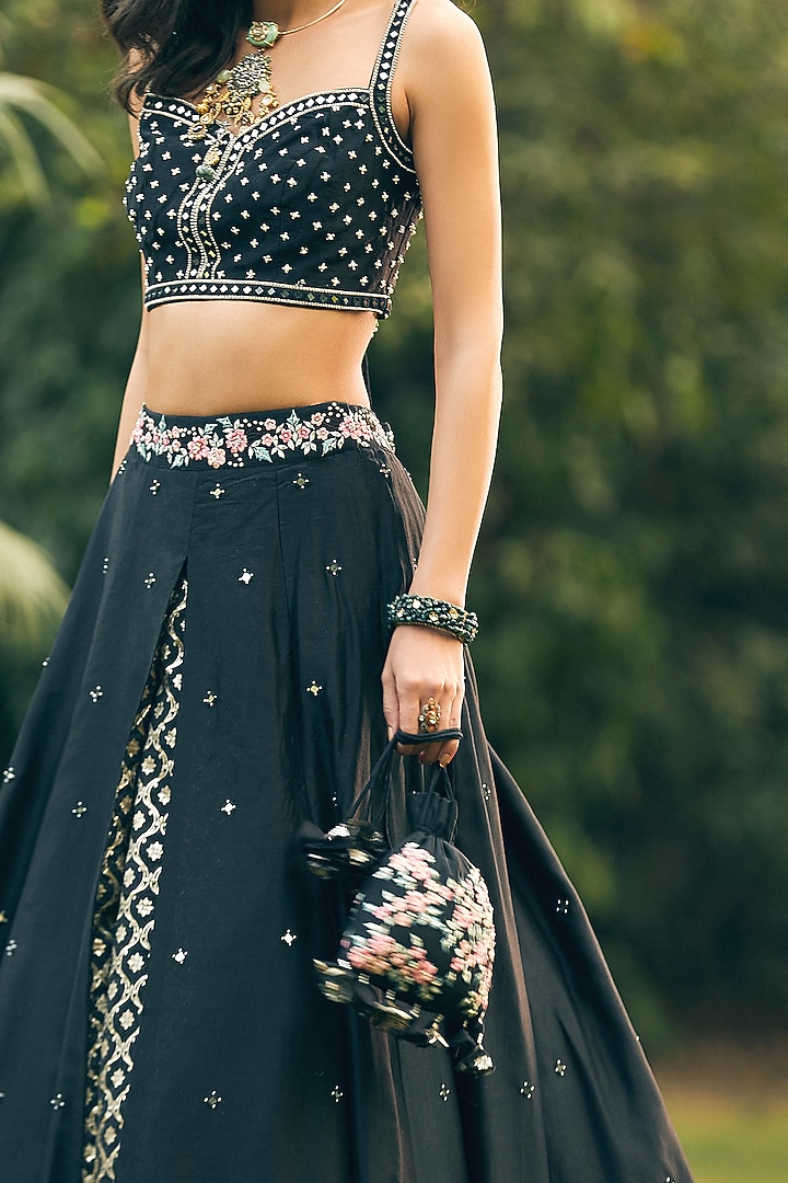Black Embroidered Wedding Lehenga Set by Matsya at Pernia's Pop Up Shop