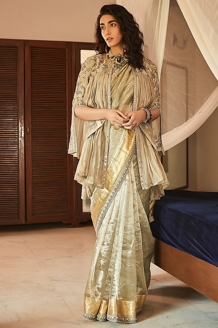 Mint Green Embroidered Saree Set With Jacket by Matsya