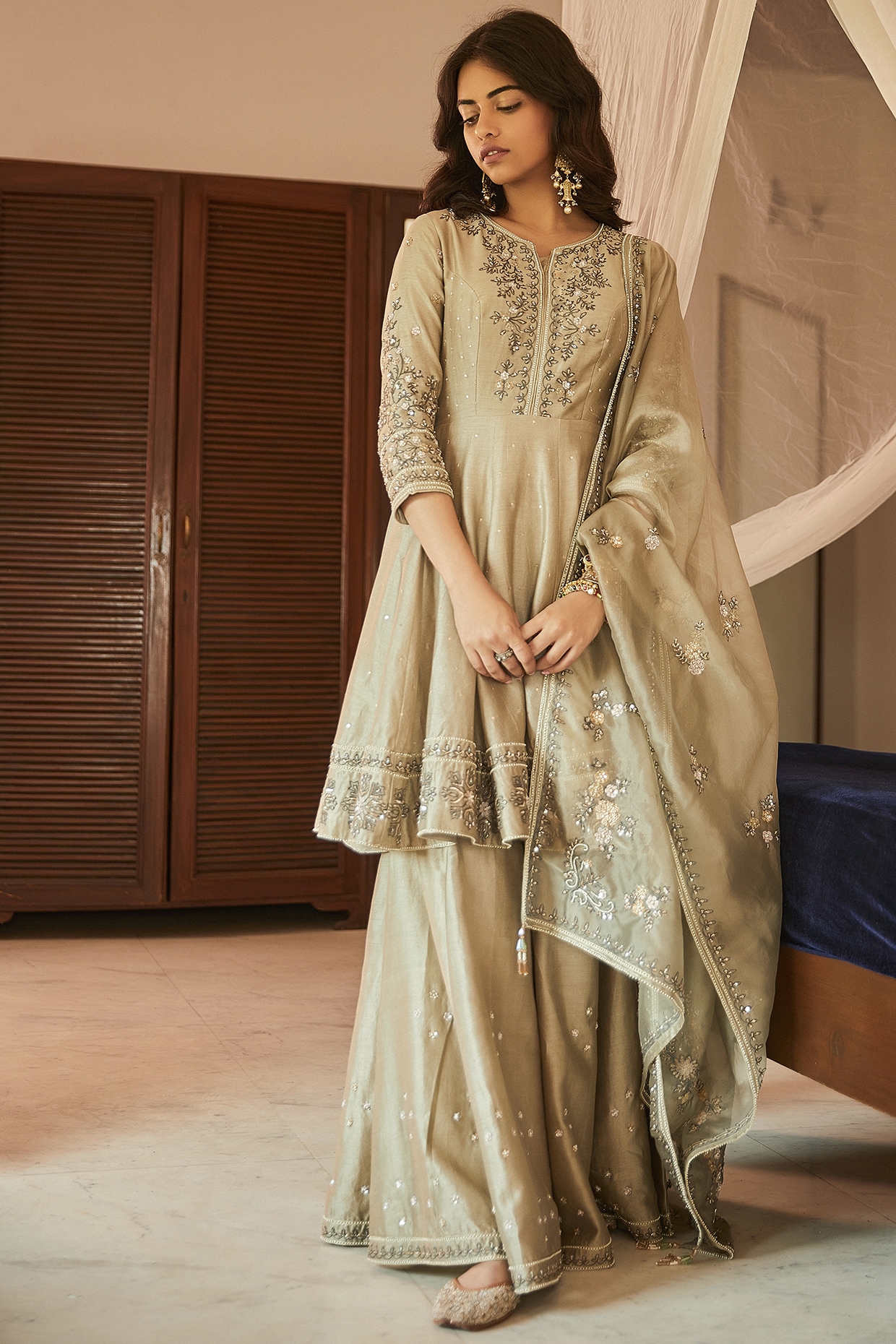 Embroidered Kurta with Attached Drape & Gharara Pants – Limerick by Abirr  n' Nanki