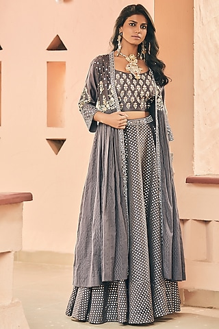 Lilac Embroidered Lehenga Set With Jacket by Matsya