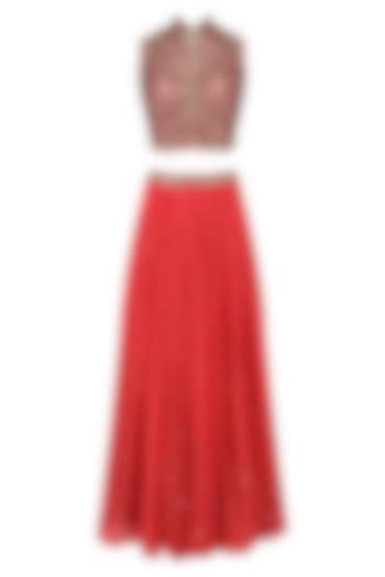 Red floral laser cut and mirror work blouse and lehenga set available only at Pernia's Pop Up Shop.