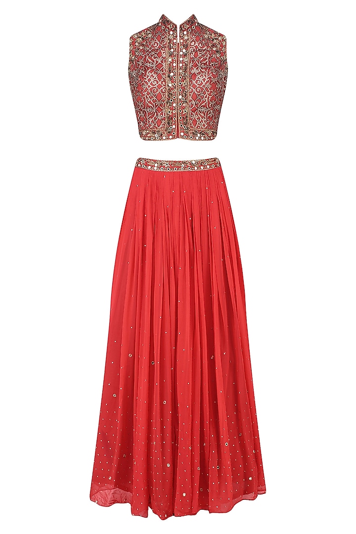 Red Floral Laser Cut and Mirror Work Blouse and Lehenga Set by Matsya