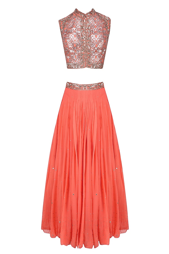 Peach floral laser cut and mirror work blouse and lehenga set available only at Pernia's Pop Up Shop.