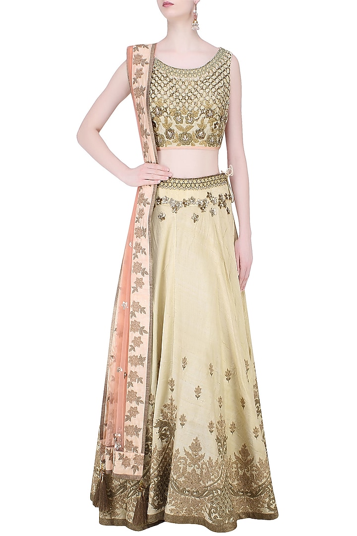 Cream palatial inspired floral embroidered lehenga set available only at Pernia's Pop Up Shop.