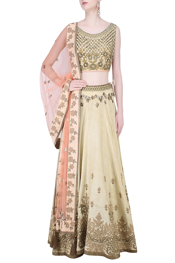 Cream palatial inspired floral embroidered lehenga set available only at Pernia's Pop Up Shop.