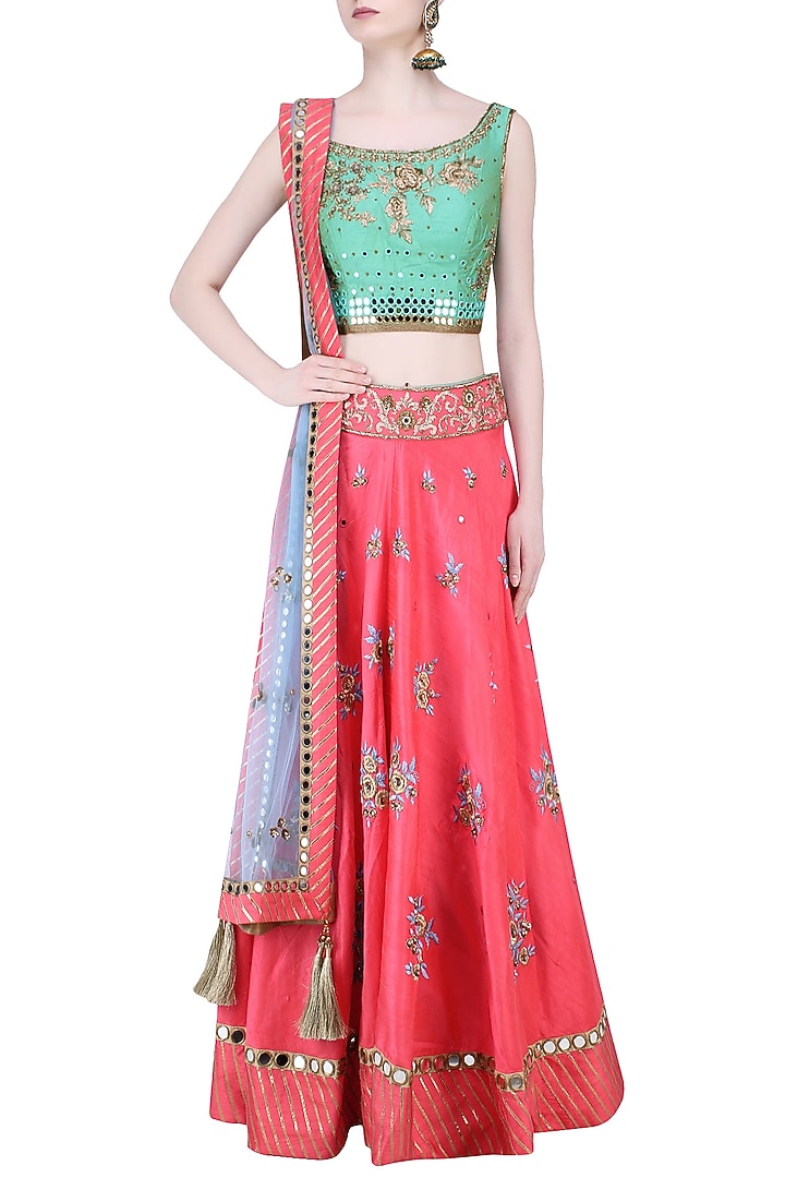 Green zardozi embroidered floral blouse and lehenga set available only at Pernia's Pop Up Shop.