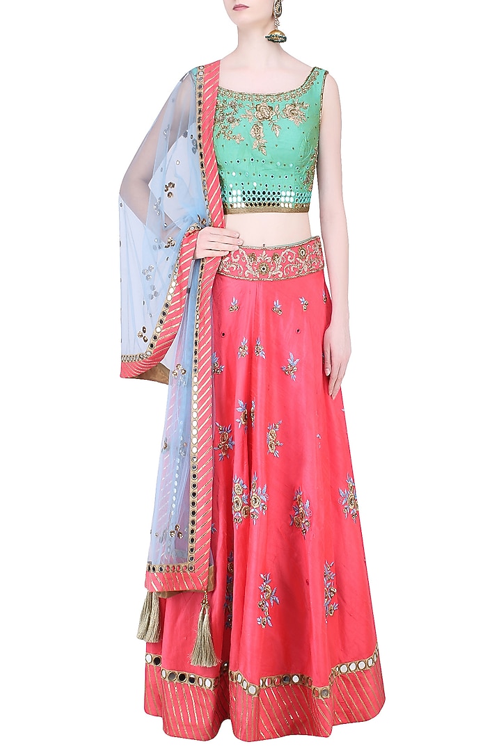 Green zardozi embroidered floral blouse and lehenga set available only at Pernia's Pop Up Shop.