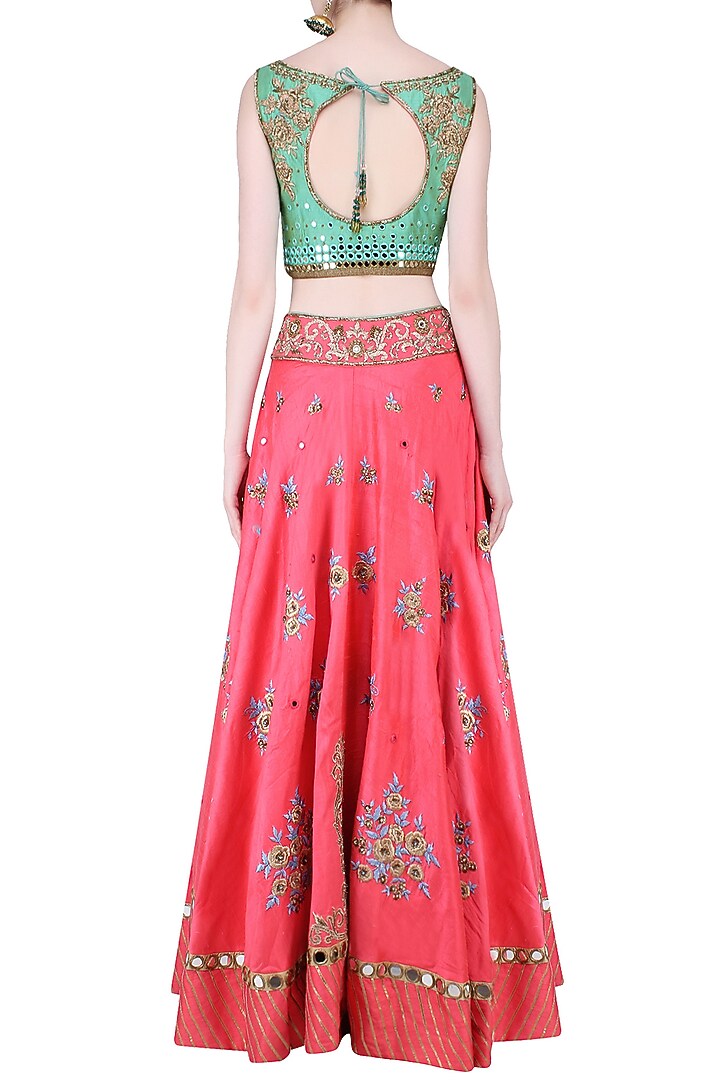 Green zardozi embroidered floral blouse and lehenga set available only at Pernia's Pop Up Shop.