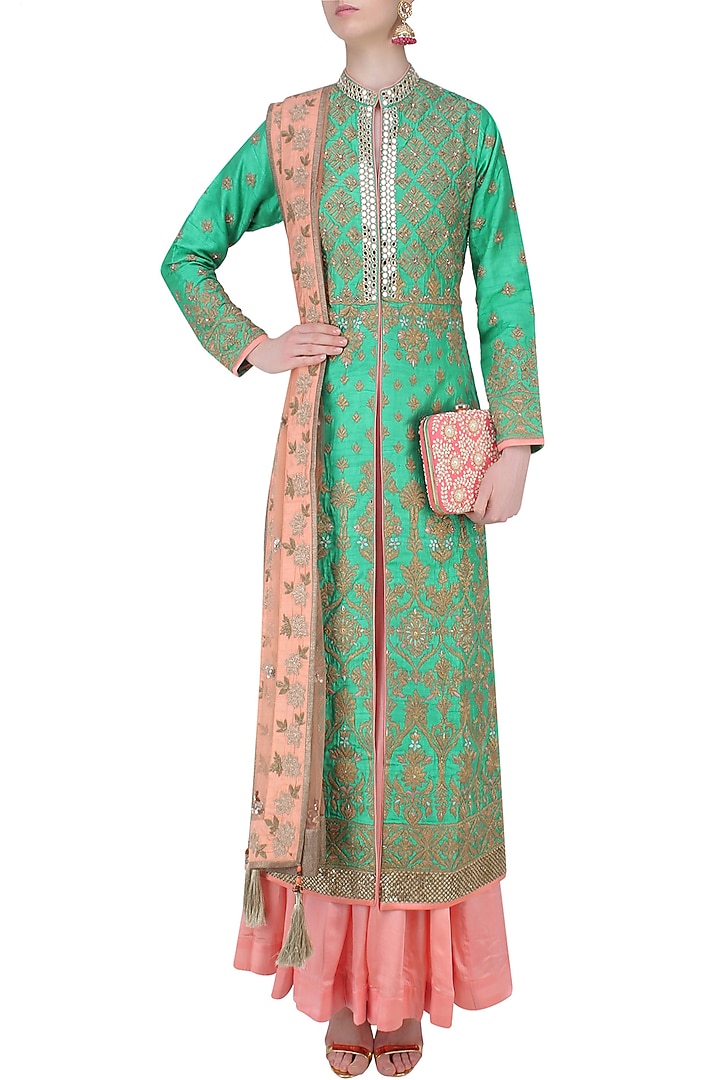 Green and gold floral embroidered sherwani jacket and peach lehenga set available only at Pernia's Pop Up Shop.
