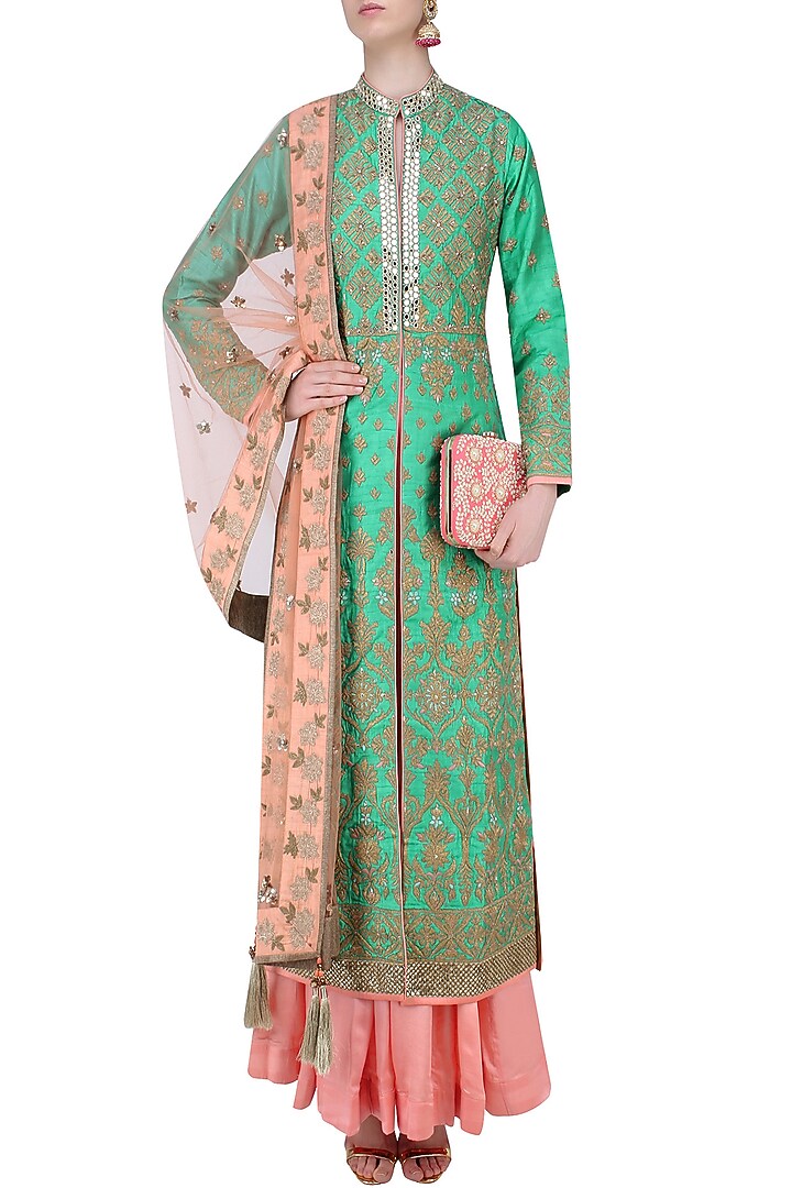 Green and gold floral embroidered sherwani jacket and peach lehenga set available only at Pernia's Pop Up Shop.