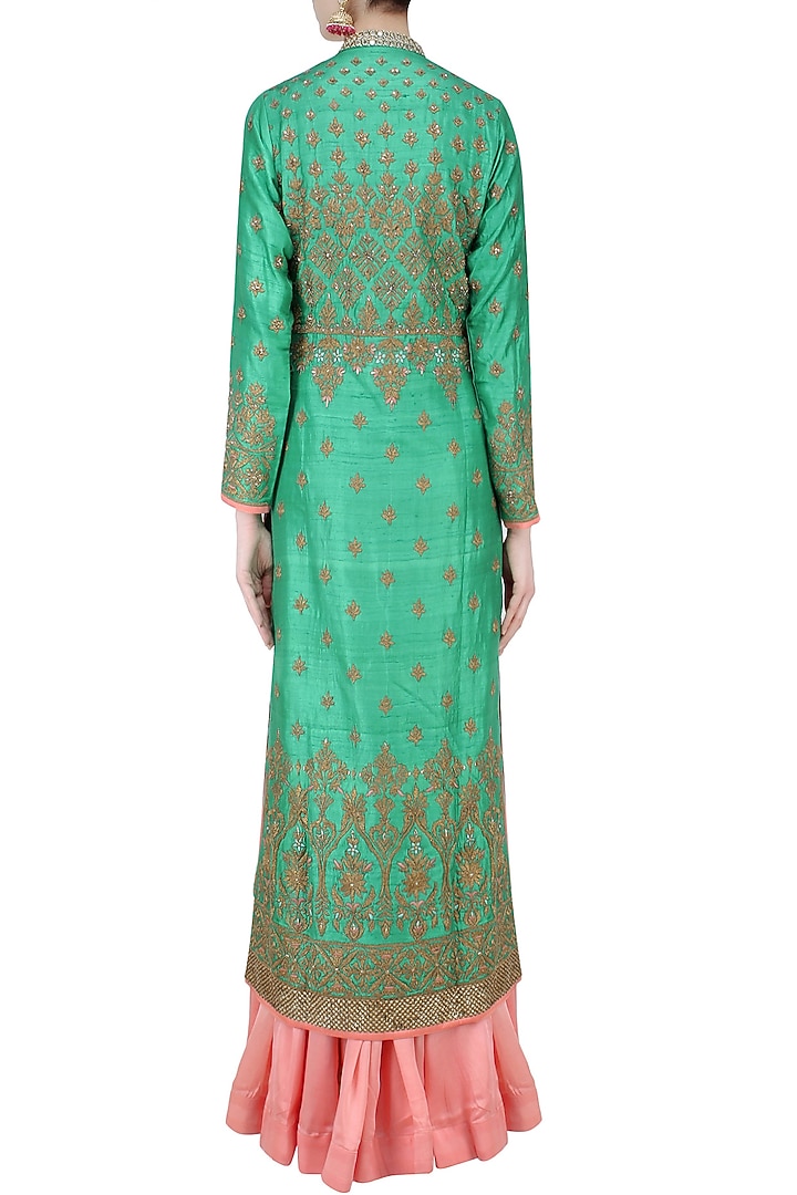 Green and gold floral embroidered sherwani jacket and peach lehenga set available only at Pernia's Pop Up Shop.