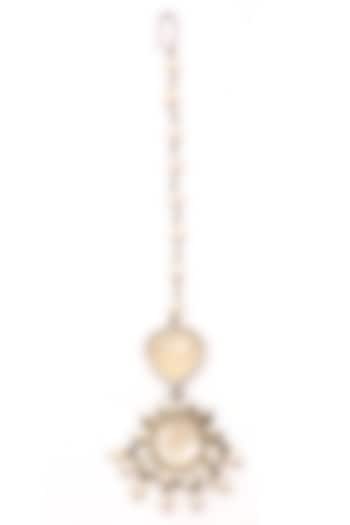 Antique silver finish moonstone and pearl maang tikka available only at Pernia's Pop Up Shop.