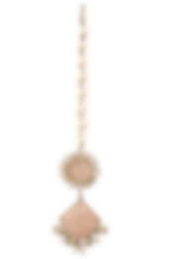 Antique silver finish rose quartz and pearl maang tikka available only at Pernia's Pop Up Shop.
