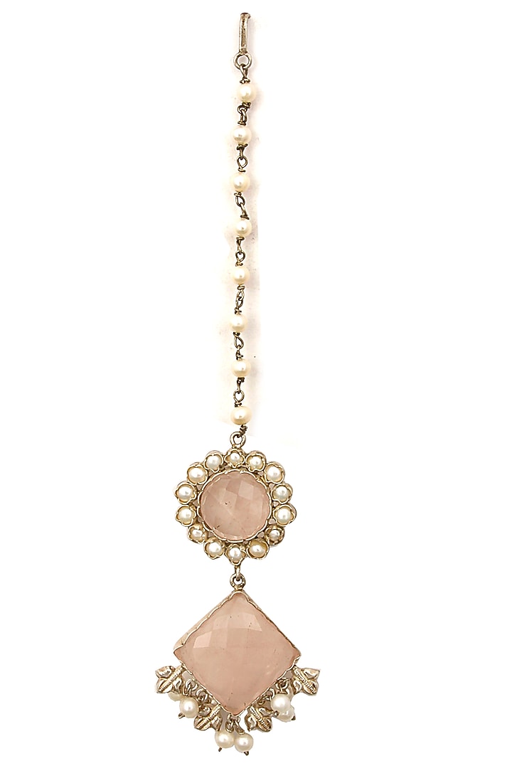 Antique silver finish rose quartz and pearl maang tikka available only at Pernia's Pop Up Shop.