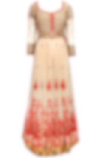 Beige fully embroidered kurta with sharara and red dupatta available only at Pernia's Pop-Up Shop.