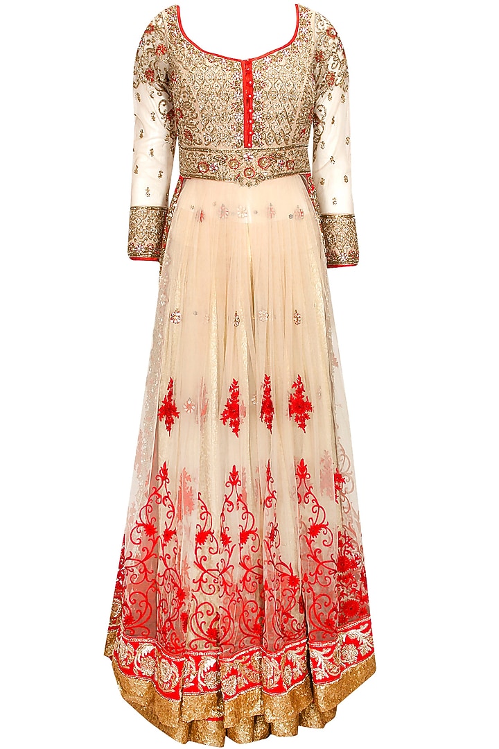 Beige fully embroidered kurta with sharara and red dupatta available only at Pernia's Pop-Up Shop.