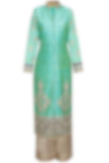 Turquoise embroidered anarkali with grey palazzo pants and navy dupatta available only at Pernia's Pop-Up Shop.