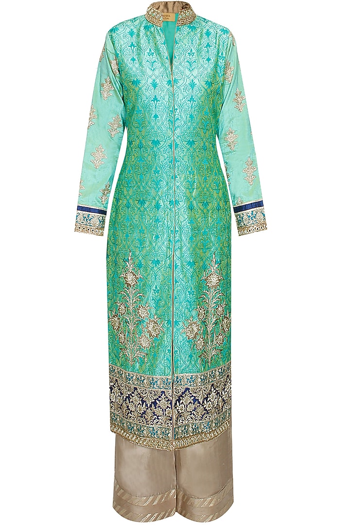 Turquoise embroidered anarkali with grey palazzo pants and navy dupatta available only at Pernia's Pop-Up Shop.