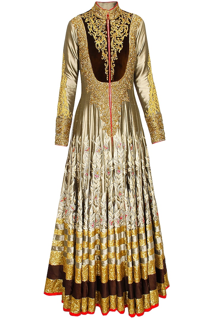 Grey embrodiered anarkali with brown churidaar and cream dupatta available only at Pernia's Pop-Up Shop.