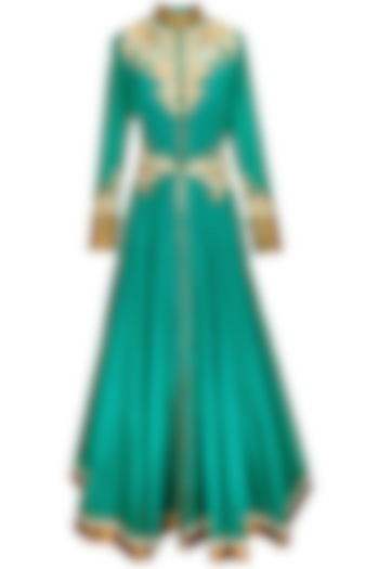 Rama green embroidered anarkali with white palazzos and dupatta available only at Pernia's Pop-Up Shop.