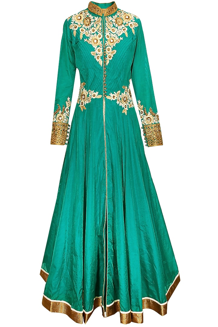 Rama green embroidered anarkali with white palazzos and dupatta available only at Pernia's Pop-Up Shop.