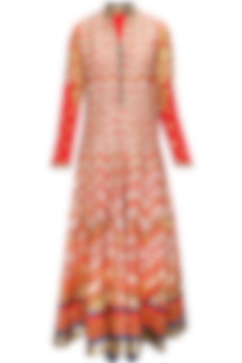 Coral red embroidered kurta with dark blue churidaar and dupatta available only at Pernia's Pop-Up Shop.