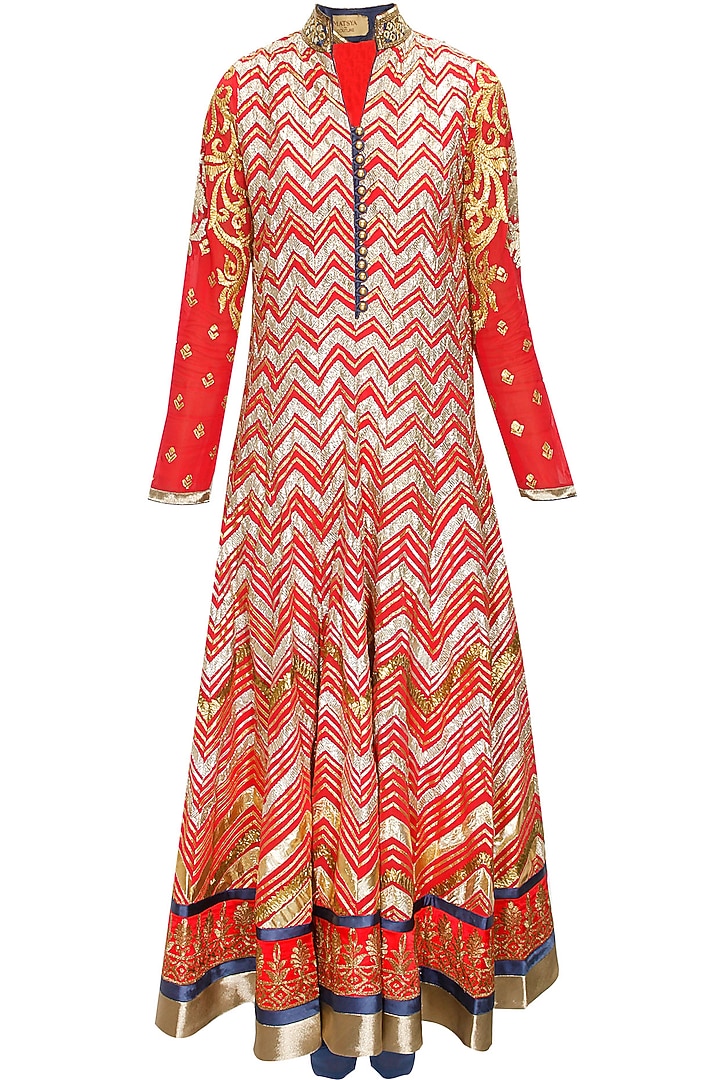 Coral red embroidered kurta with dark blue churidaar and dupatta available only at Pernia's Pop-Up Shop.