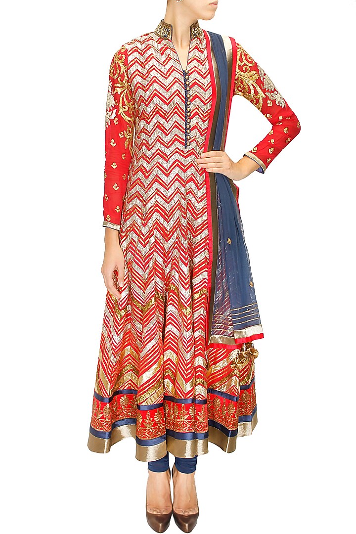 Coral red embroidered kurta with dark blue churidaar and dupatta available only at Pernia's Pop-Up Shop.