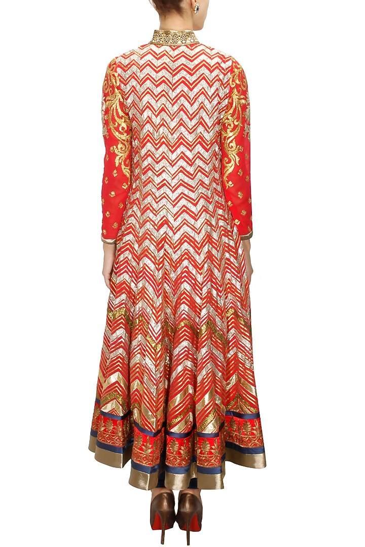 Coral red embroidered kurta with dark blue churidaar and dupatta available only at Pernia's Pop-Up Shop.