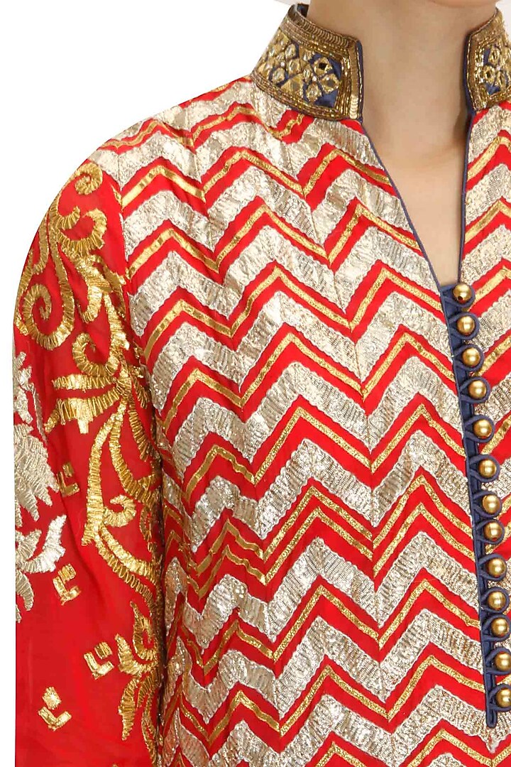 Coral red embroidered kurta with dark blue churidaar and dupatta available only at Pernia's Pop-Up Shop.