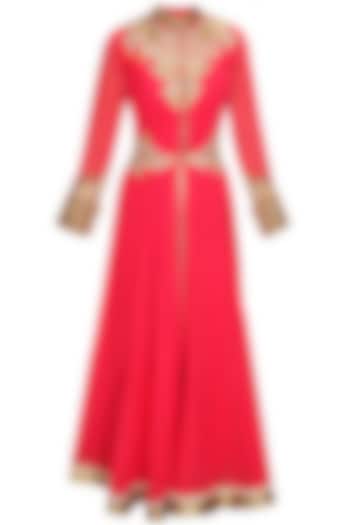 Rama red embroidered anarkali with white palazzos and dupatta available only at Pernia's Pop-Up Shop.