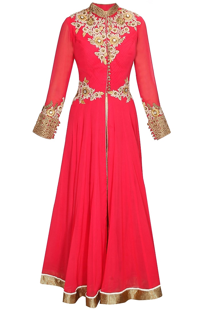 Rama red embroidered anarkali with white palazzos and dupatta available only at Pernia's Pop-Up Shop.