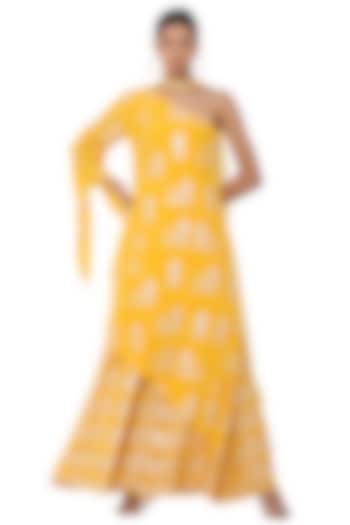 Yellow Printed One Shoulder Asymmetrical Tunic with Palazzo Pants Set by Masaba